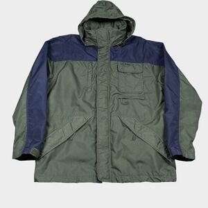 LLBean Jacket Men Large Green Blue Hidden Hood Parka Nylon *Shell Only* FG37 Vtg